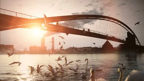 Bridge river landscape scenery panorama background at sunset Stockbeeldmateriaal 72862664