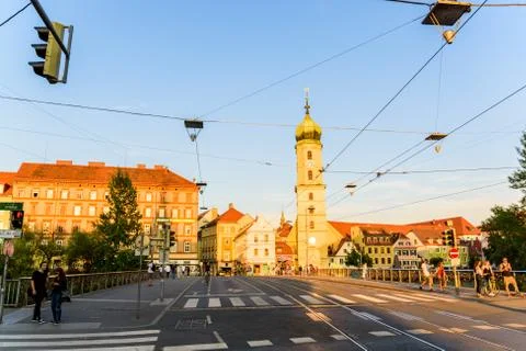 Bridge at river Mur in Graz Styria Austria City center. Stock Photos