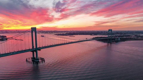 Bridge, River, Sunset, Cargo Ship, Timelapse, Evening Glow Stock Footage 303459933
