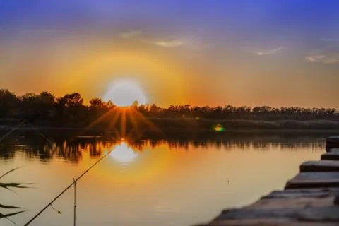 Bridge on the river sunset Foto stock