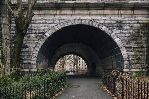 Bridge in Riverside Drive, Upper Manhattan, arch walk road underneath Stock Photos