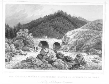 Bridge Rocks Tree Mountain Scene Nature View Landscape Antique Sketch Stock Illustration