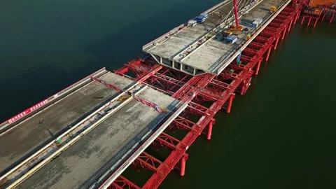 Bridge section removal in China using large cranes during dismantling project Stock-Footage 335643752