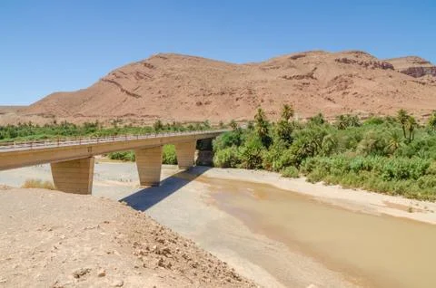 Bridge spanning over dry river bed with some water, mountains and palms in Stock Photos