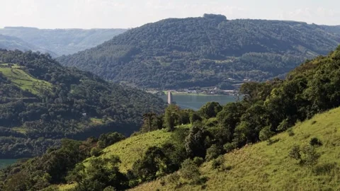 A bridge spanning a river between mountains. Goio-Ên. Uruguai river. Stock Footage 331827072