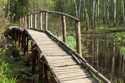 Bridge in a spring forest Stock Photos