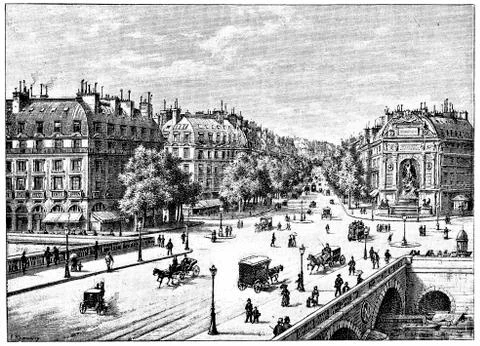 The bridge, the square and the boulevard Saint-Michel, vintage engraving. Illustrazione stock