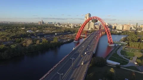 Bridge static sunset moscow river city Stock Footage 55548216