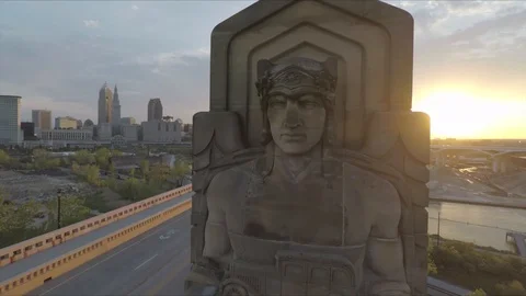 Bridge Statue Aerial Drone Push - UnColored Stock Footage 89666758