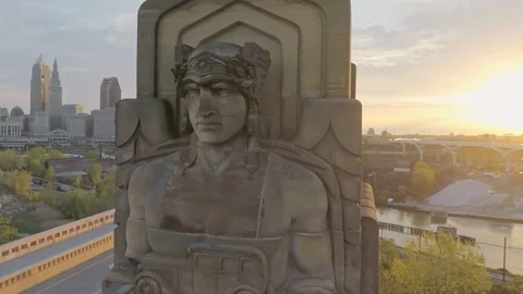 Bridge Statue Aerial Drone Push - Color Corrected Stock Footage 90141533