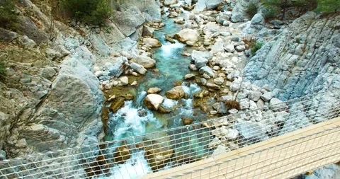 Bridge on the the Strong River Stream and Rocky Ground, Drone Shot Stock Footage 148364428