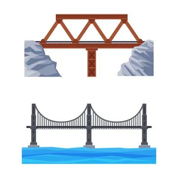 Bridge Structure Carrying Road Across River Vector Set Stock Illustration