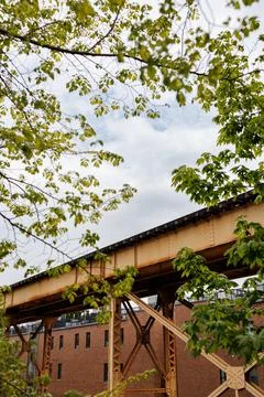 Bridge structure located above the buildings with greenery surrounding the .. Stock Photos