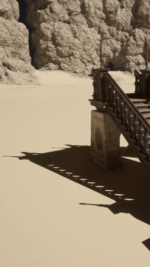 Bridge structure over sandy terrain near rock formations in a quiet area Stock Footage 335689279