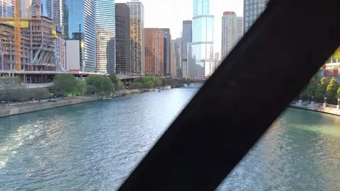 Bridge structure while driving over the Chicago River Stock Footage