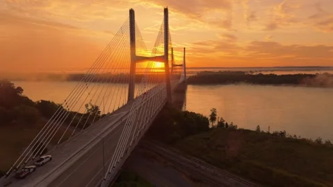Bridge at Sunrise, Drone Fly Over Bridge From Left to Right Video stock 315709088