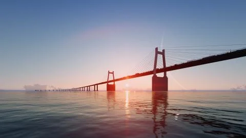 Bridge with sunset and big moon. 3D render Ilustración de archivo