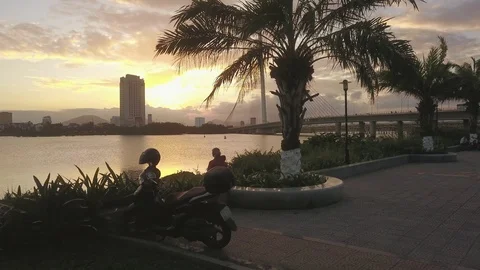 Bridge at sunset in the city of danang. Stock Footage 128281156