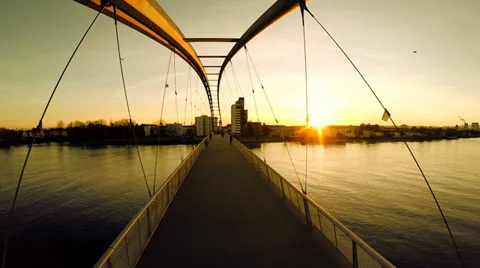 Bridge at sunset. flying trough. fly over. aerial view. long road street Stock Footage 36175400
