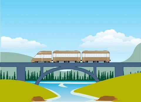 Bridge through river and moving train on him Stock Illustration