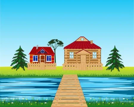 Bridge through river in village Stock Illustration