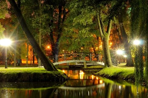 Bridge through a stream in the evening park in the autumn in the light of str Stock Photos