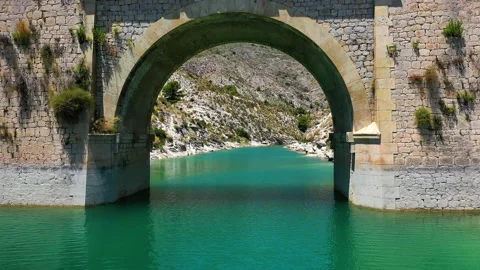 Bridge in Tibi Dam, a masonry dam on Monegre River in Spain. Stock Footage 137983628