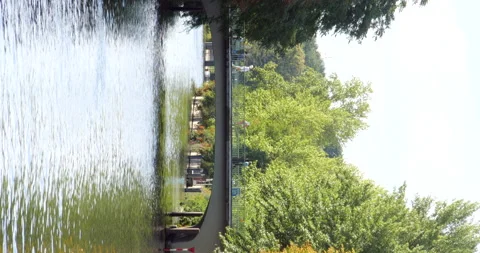 Bridge with Traffic over calm Channel vertical Stock Footage 205794927