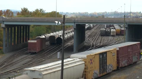 Bridge with traffic over Train Yard Video stock 51797669