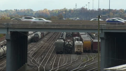 Bridge with traffic over Train Yard 3 Video stock 262086944