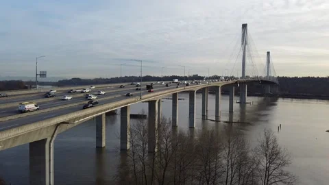 Bridge Traffic - Static. Port Man Bridge Overlooking Fraser River. Coquitlam, BC Video stock 166336542