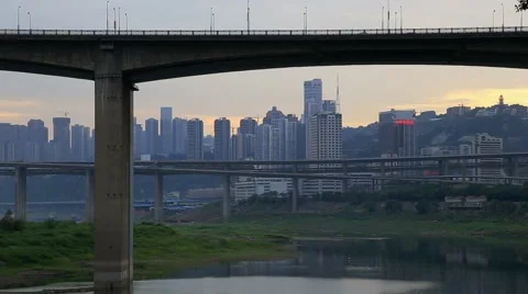 Bridge traffic, sunset, skyscraper in chongqing city of china Stock Footage 54760871