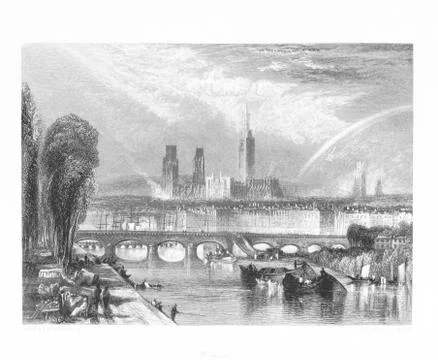 Bridge Tree Boat River Scene Nature View Landscape Antique Drawing Stock Illustration
