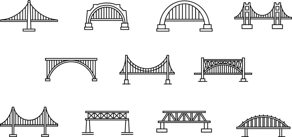 Bridge Types and Civil Engineering Structures Set, Black Line Art Flat Vect.. Stock Illustration