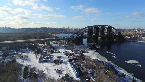 The bridge under construction across the river. Aerial view. Stock-Footage 72510270
