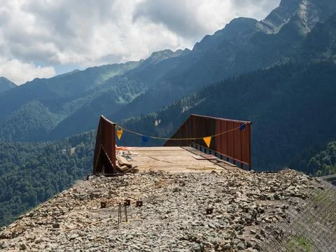 Bridge under construction with mountain view. Rosa Khutor. Height 1100 m. Russia Stock Photos