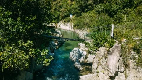 Bridge under river. Trees and stone Stock Photos