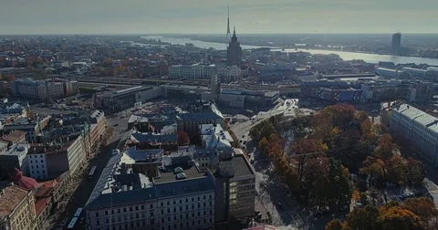 Bridge Viaduct road traffic machine Drone flight around city center train Stock Footage 85324892