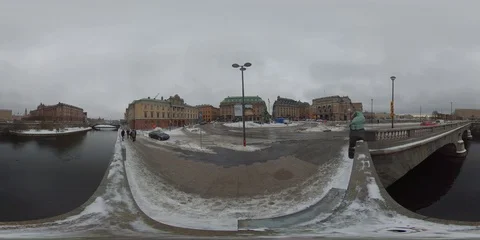 Bridge View Old City in Central Stockholm Winter Time - 360 VR Stock Footage 102307077
