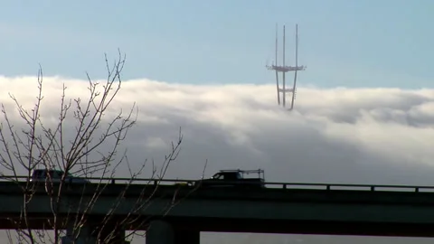 Bridge view with tree and fog covering tall antennas in the background Stock Footage 313598284