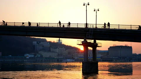 Bridge walk people sunset Stock Footage 88894629