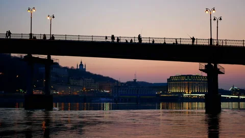 Bridge walk people sunset Stock Footage 88896549