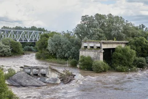 The bridge was destroyed during the Second World War. Remains of the destroyed b Stock Photos