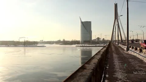 Bridge, winter river, chimneys DNxHD Stock Footage 10737249