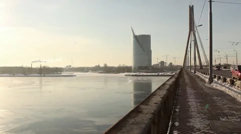 Bridge, winter river, chimneys ProRes Stock Footage 10720137