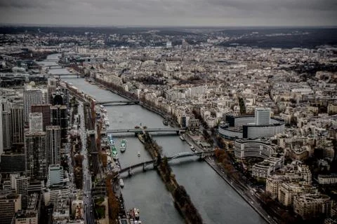 Bridges across Seine river in Paris high view Stock Photos