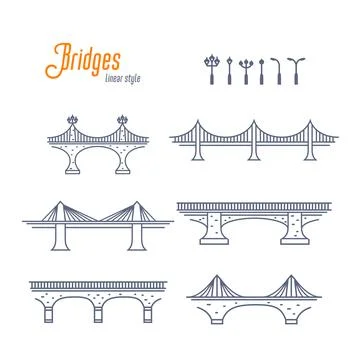 Bridges and street lamps line vector set. Various bridges and streets lights Stock Illustration