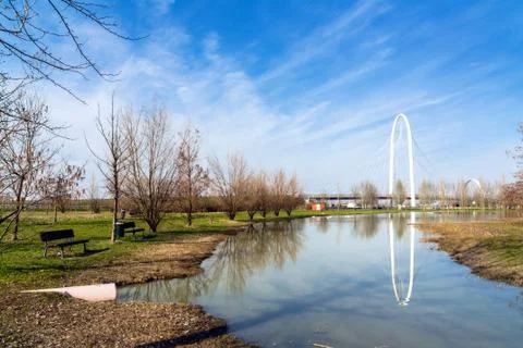 Bridges complex by Calatrava reflected in pound in Reggio Emilia, Italy Stock Photos