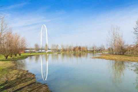 Bridges complex by Calatrava reflected in pound in Reggio Emilia, Italy Stock Photos