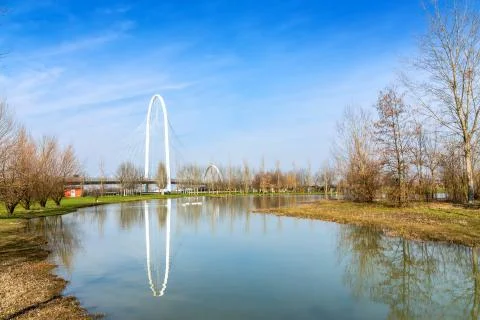 Bridges complex by Calatrava reflected in pound in Reggio Emilia, Italy Stock Photos